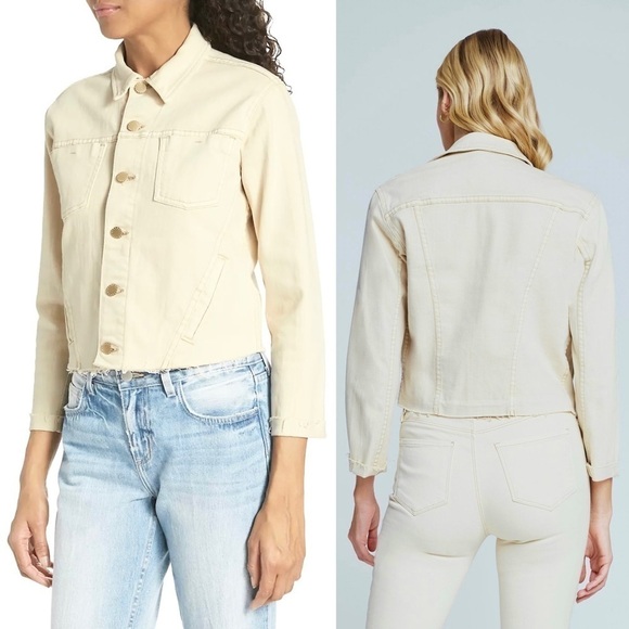 NWT L'AGENCE 90s Ivory Distressed Stretch Denim Raw Hem Crop Slim Jean Jacket S - Picture 9 of 16